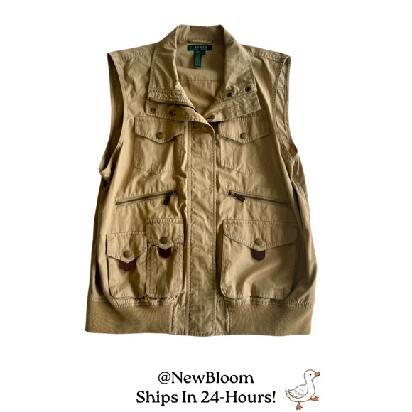 Women’s Lauren Ralph Lauren 100% Cotton Safari Vest Large Tan Snap Front Polo - Picture 11 of 12